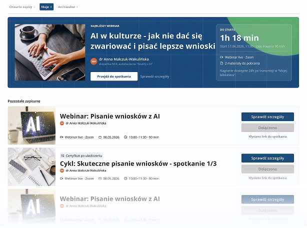 Strona platformy Kasa na Kulturę prezentująca webinary o pisaniu wniosków grantowych z wykorzystaniem AI